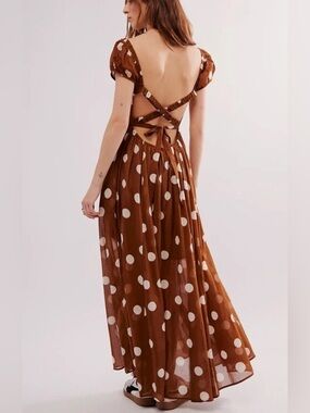 Free People Cotton Polka Dot Brown Lined Open Back Dress size S